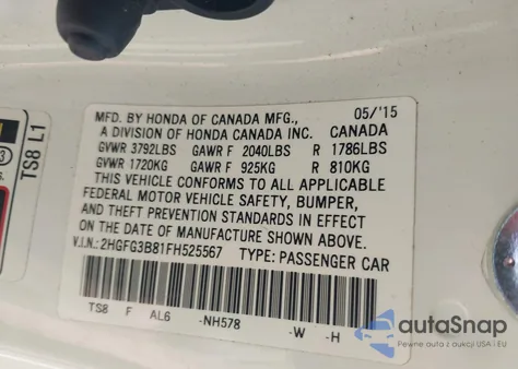 2015 Honda Civic Ex из США, поврежденный, VIN 2HGFG3B81FH525567